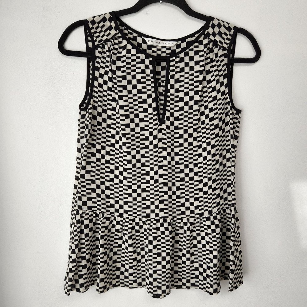 Trina Turk 100% Silk Art to Wear Geometric Keyhole Peplum Blouse S